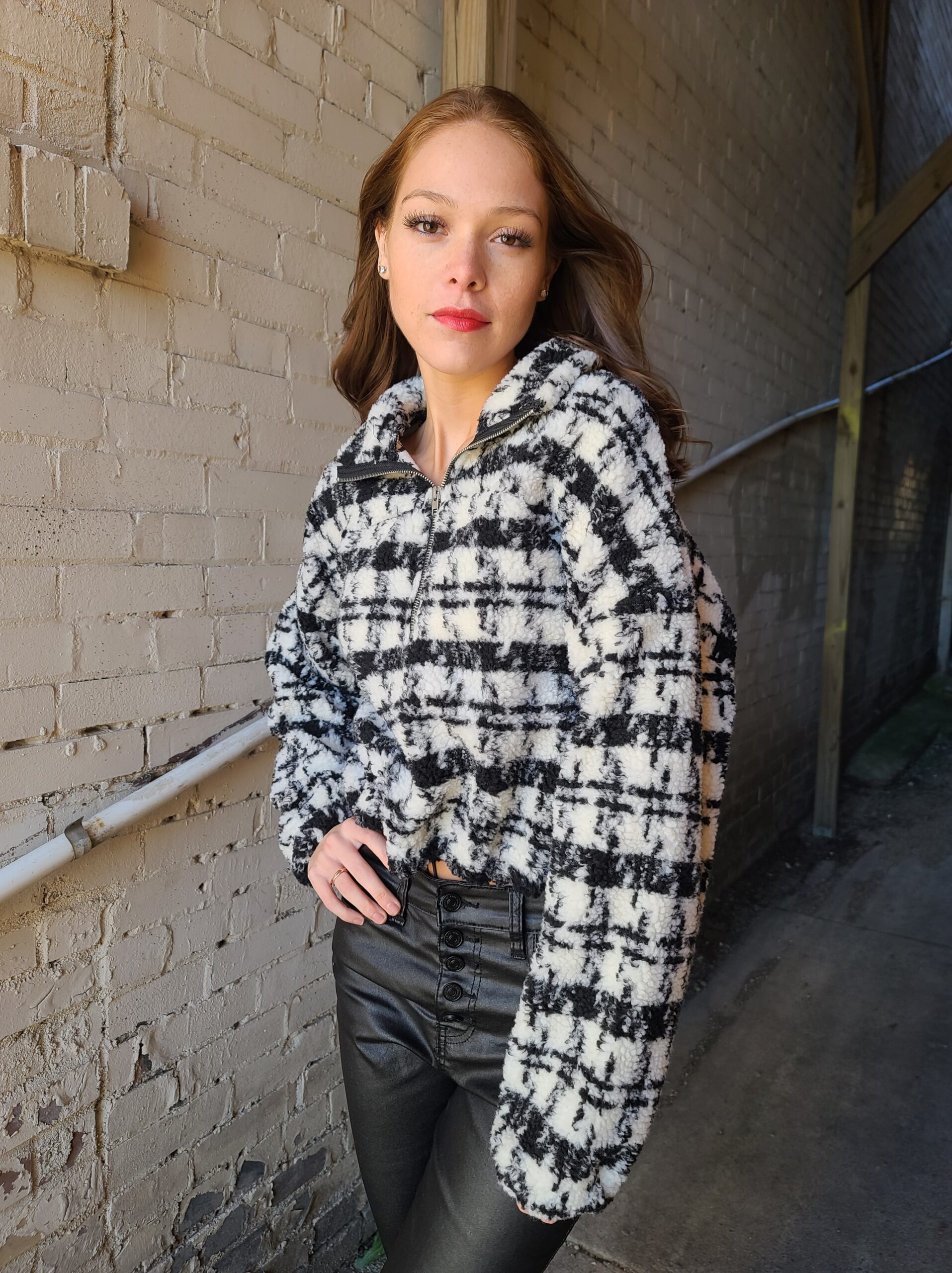 Junie Houndstooth half zip jacket