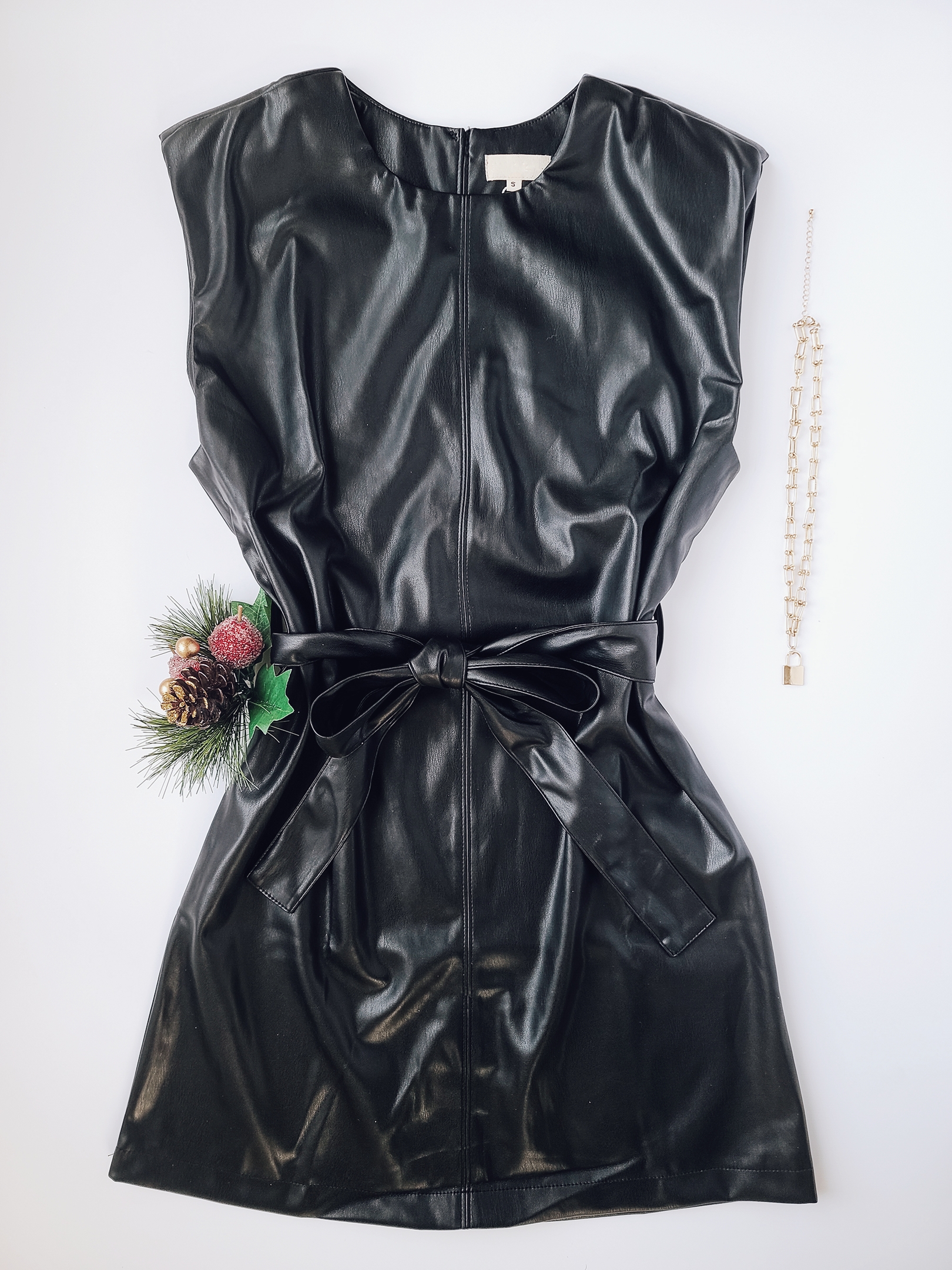 London Black Faux Leather Belted Dress